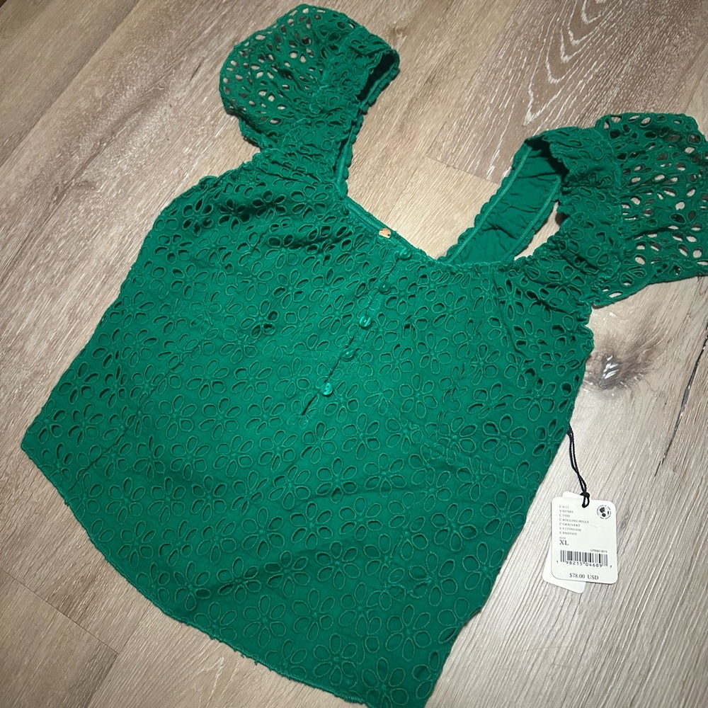 NWT Free People Green Eyelet Lace Women's Top